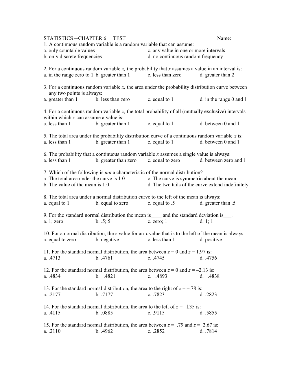 STATISTICS CHAPTER 6 TEST Name