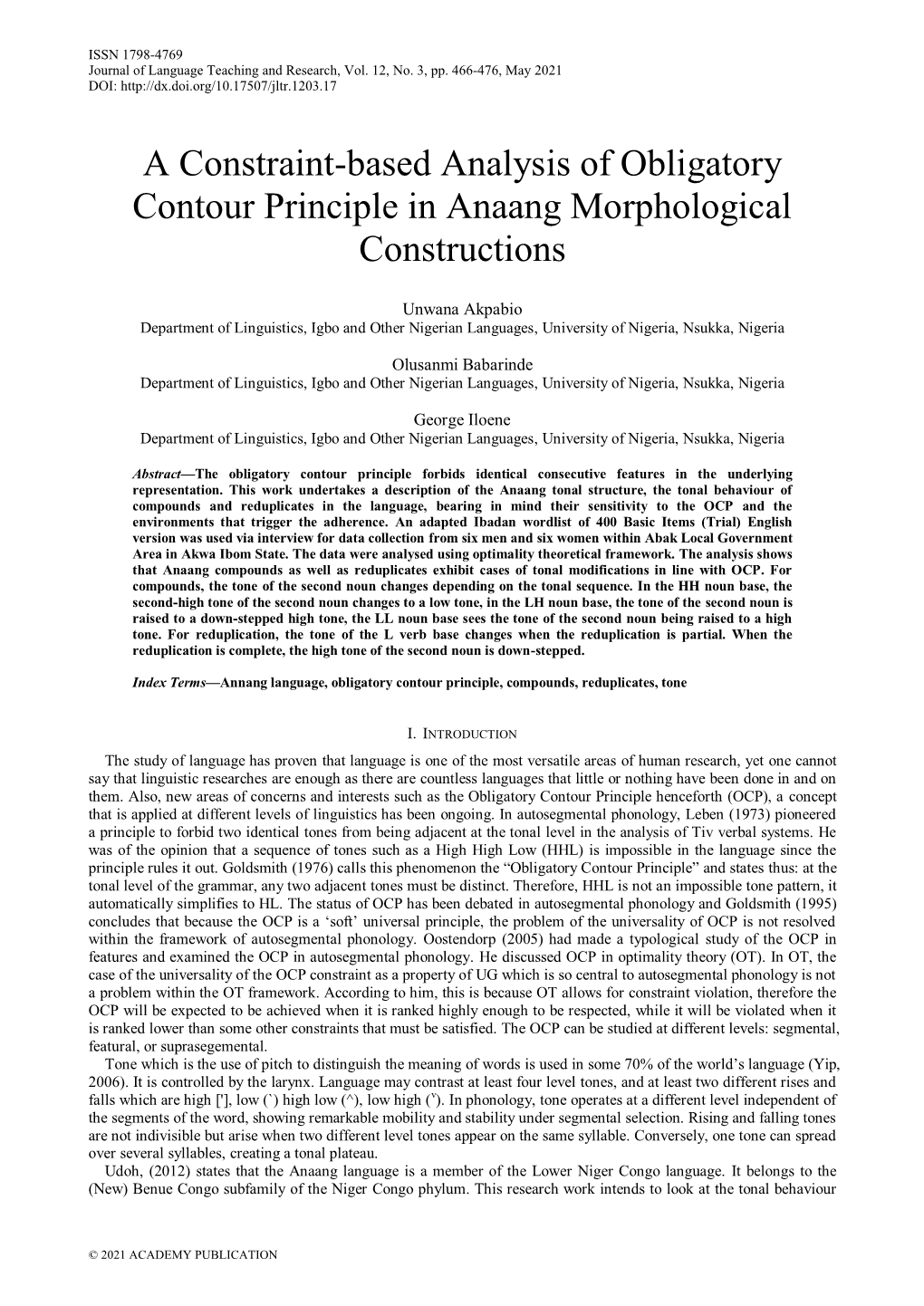 A Constraint-Based Analysis of Obligatory Contour Principle in Anaang Morphological Constructions