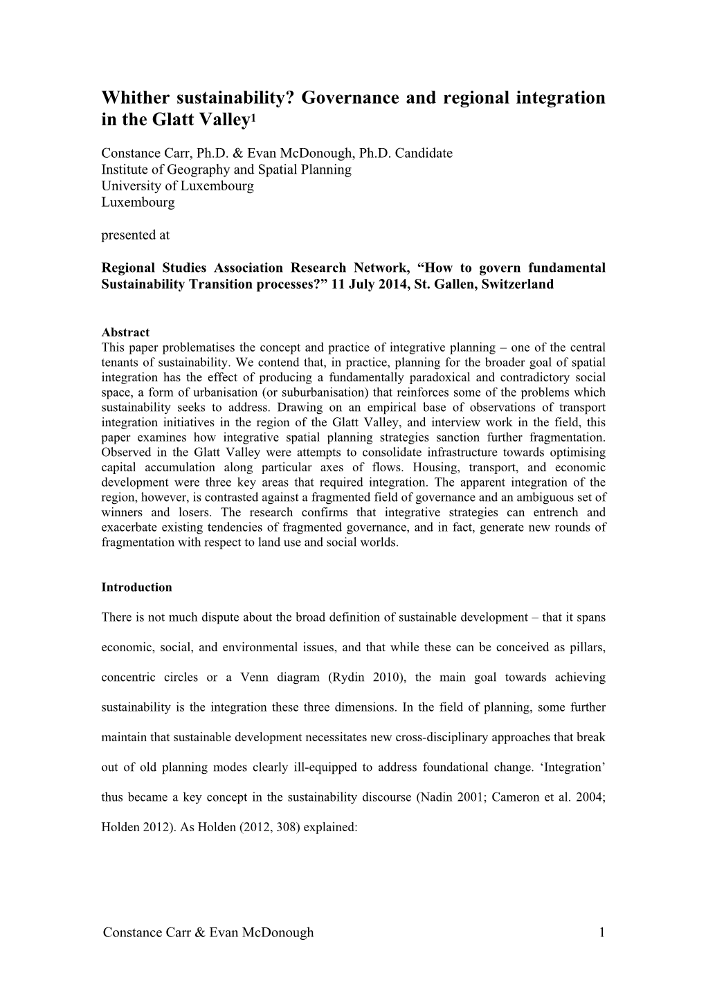 Whither Sustainability? Governance and Regional Integration in the Glatt Valley1