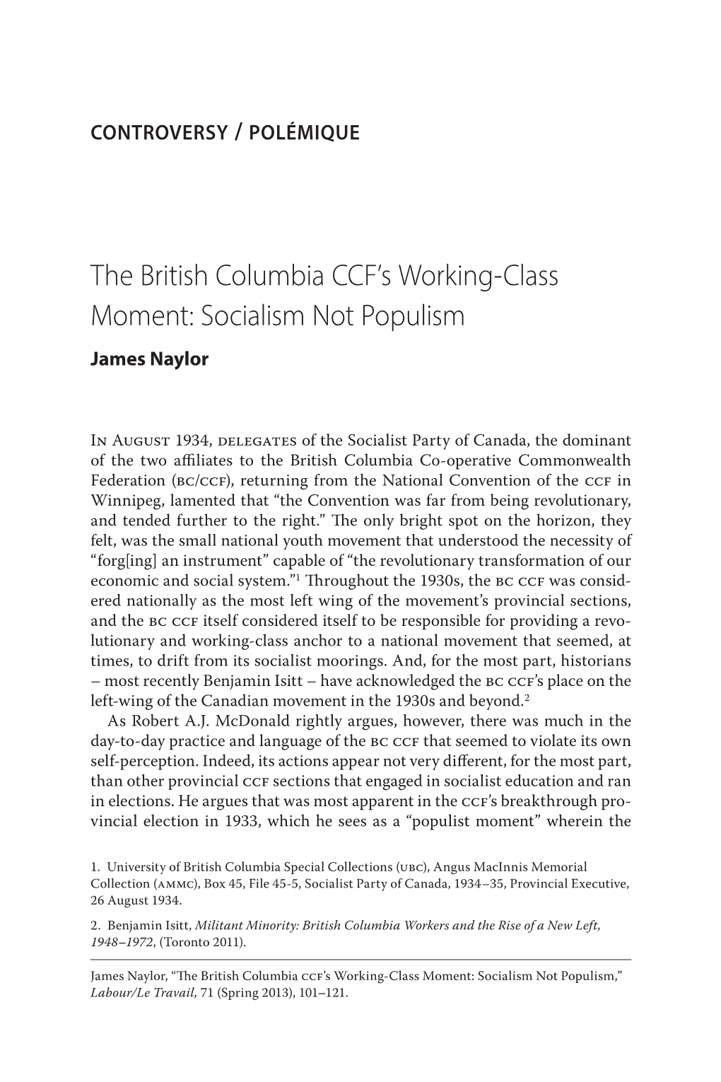 The British Columbia CCF's Working-Class
