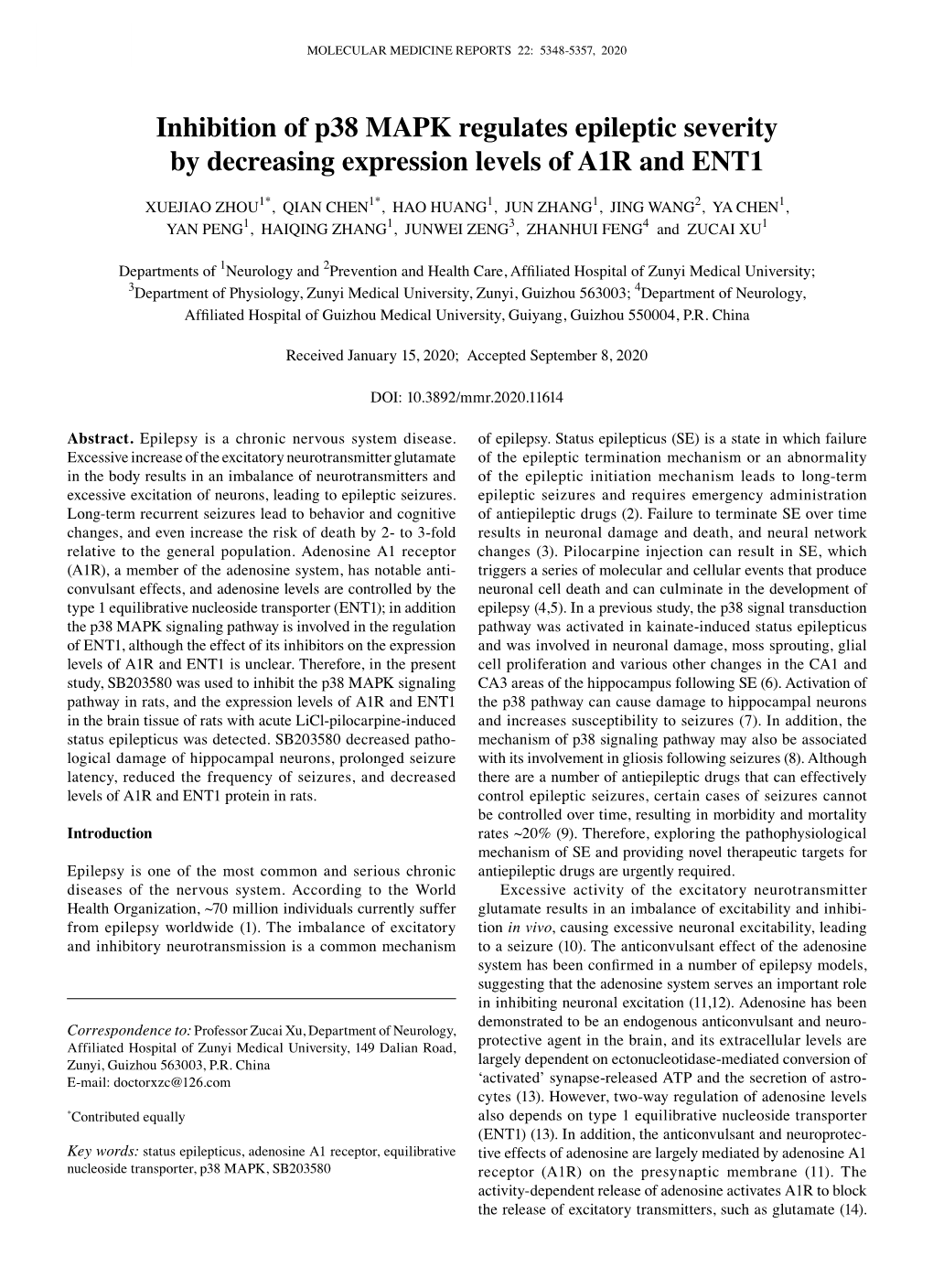 Inhibition of P38 MAPK Regulates Epileptic Severity by Decreasing Expression Levels of A1R and ENT1