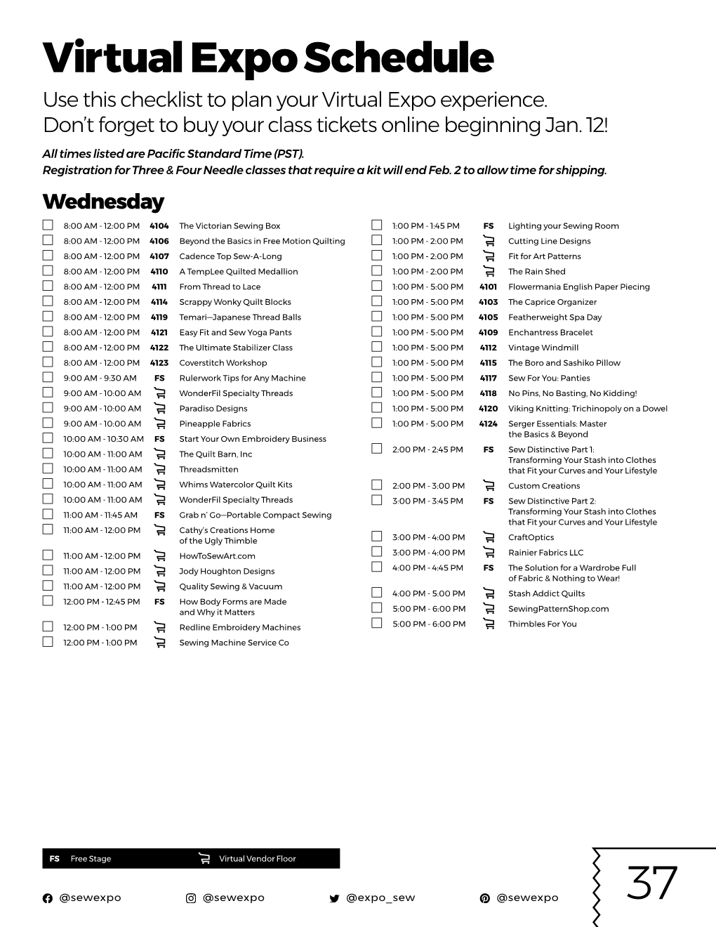 2021 Virtual Sewing & Stitchery Expo Schedule Checklist