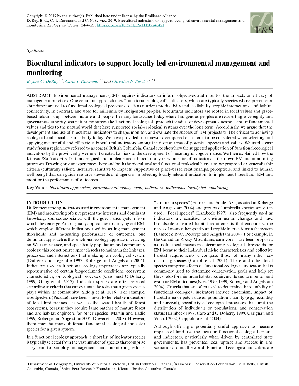 Biocultural Indicators to Support Locally Led Environmental Management and Monitoring