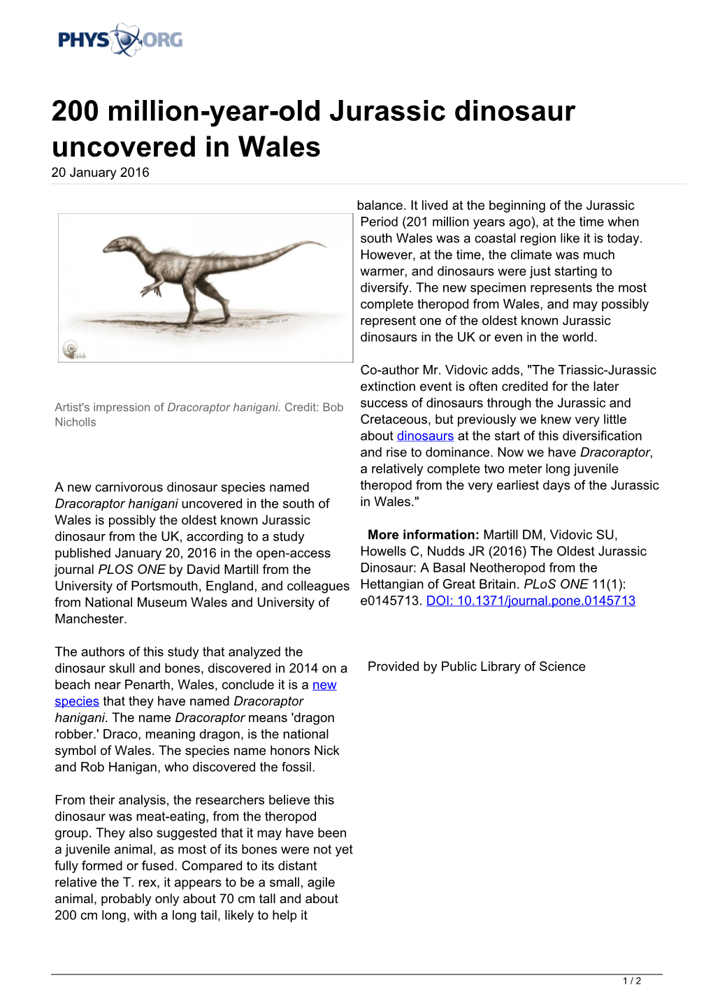 200 Million-Year-Old Jurassic Dinosaur Uncovered in Wales 20 January 2016