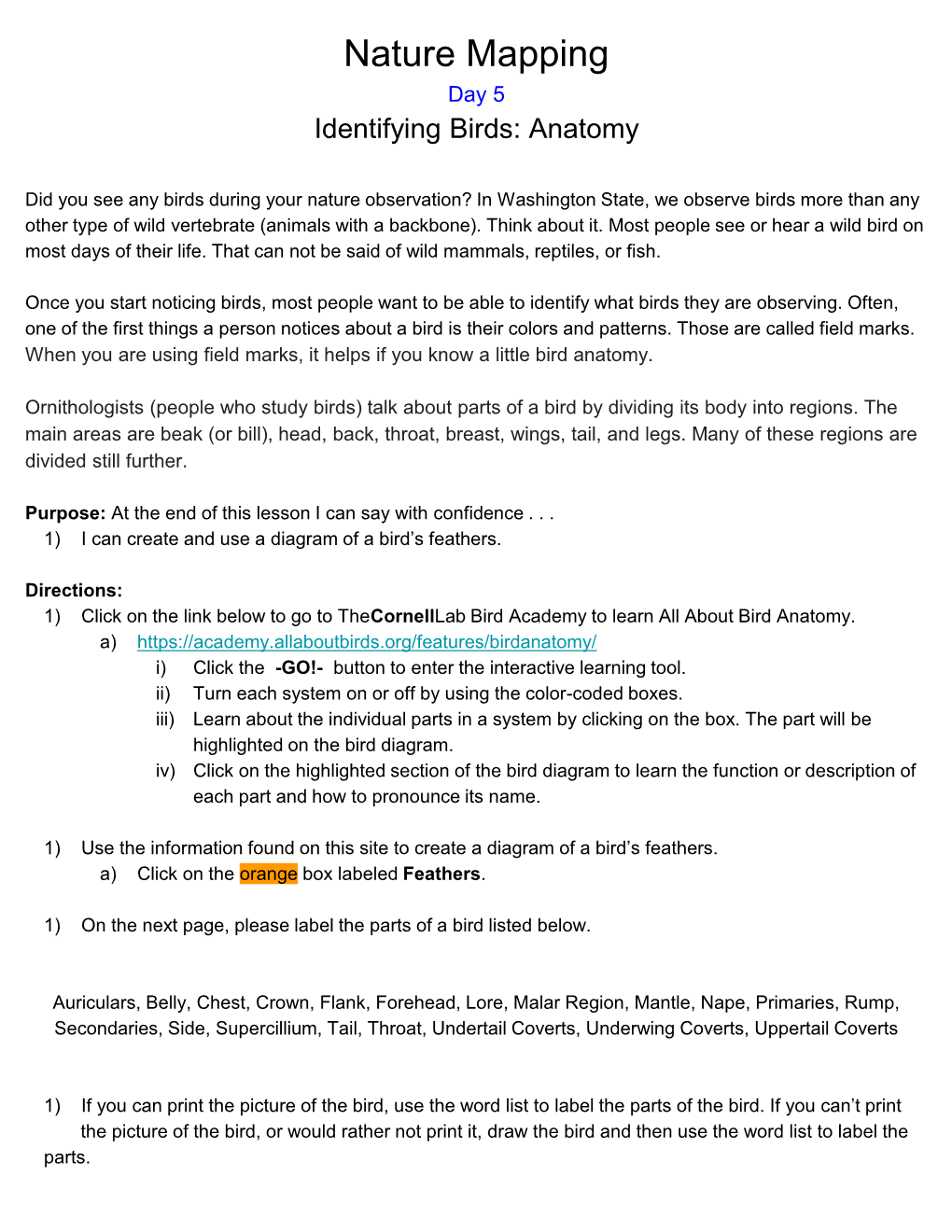 Nature Mapping Day 5 Identifying Birds: Anatomy