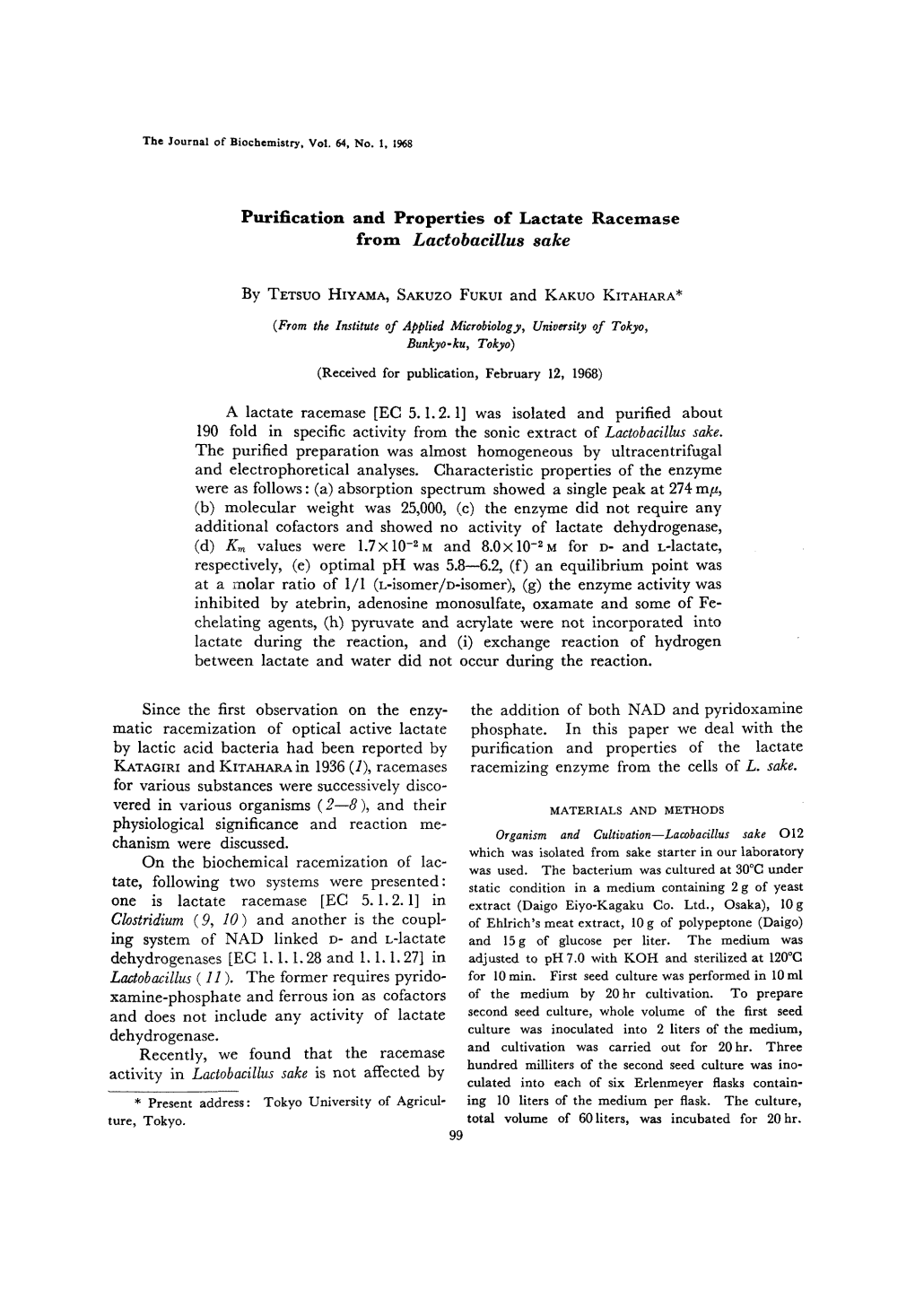 Purification and Properties of Lactate Racemase from Lactobacillus Sake