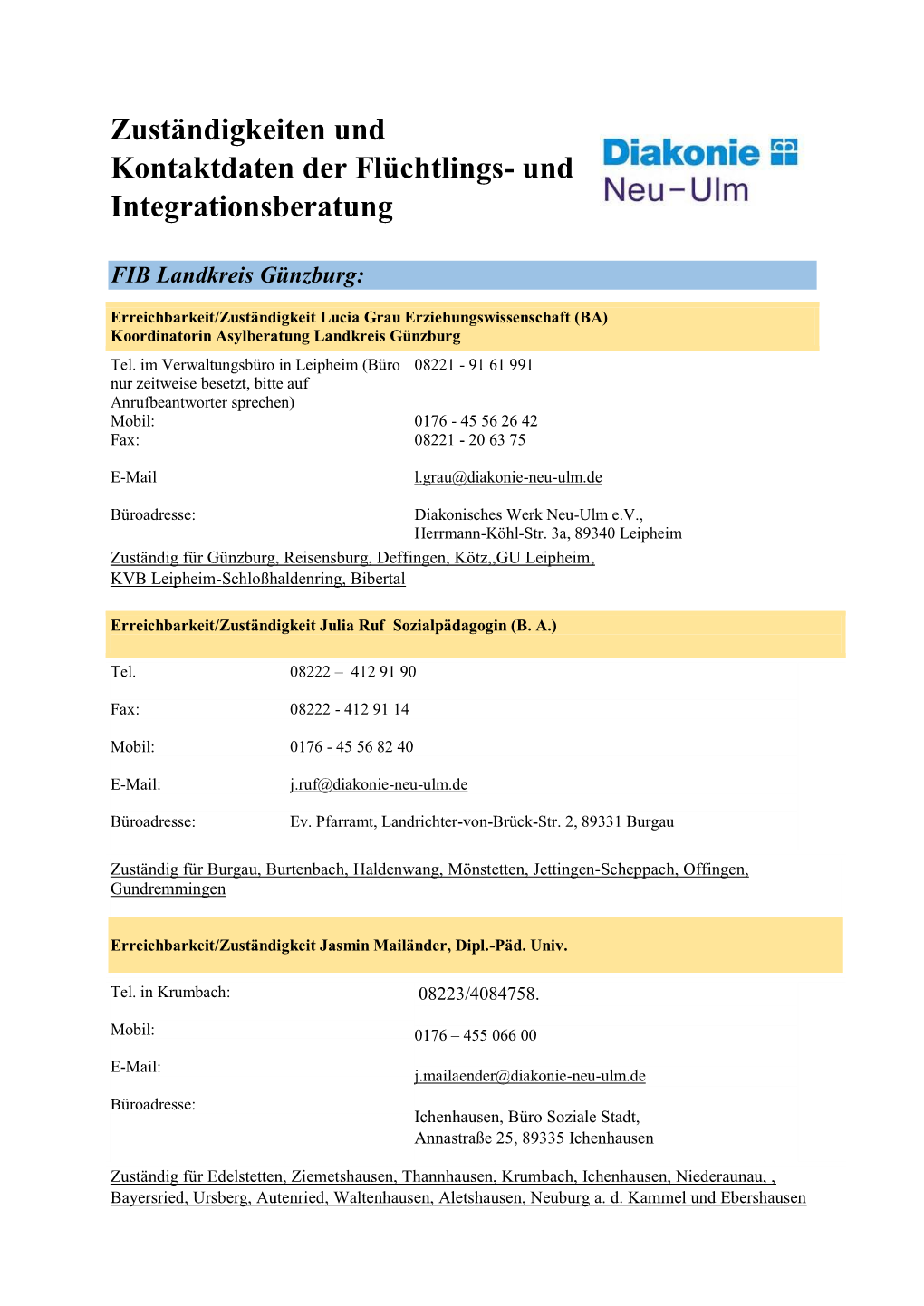 Zuständigkeiten Und Kontaktdaten Der Flüchtlings- Und Integrationsberatung