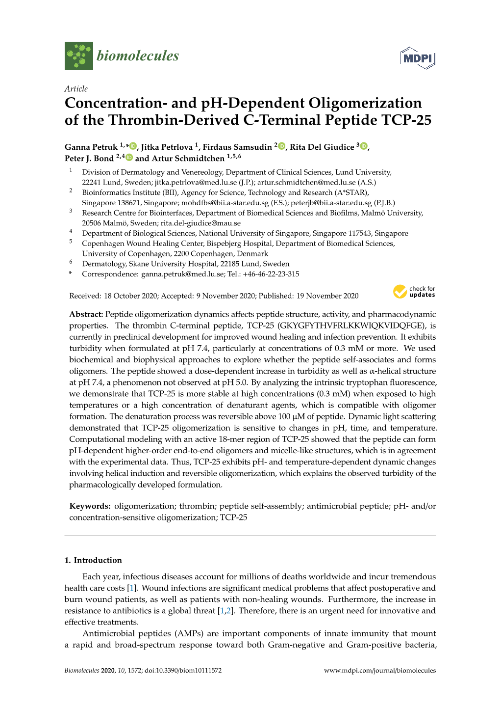 And Ph-Dependent Oligomerization of the Thrombin-Derived C-Terminal Peptide TCP-25