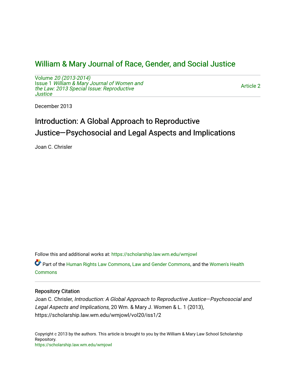 Introduction: a Global Approach to Reproductive Justice—Psychosocial and Legal Aspects and Implications