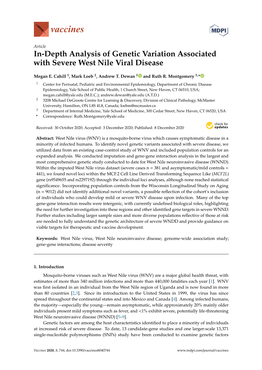 In-Depth Analysis of Genetic Variation Associated with Severe West Nile Viral Disease