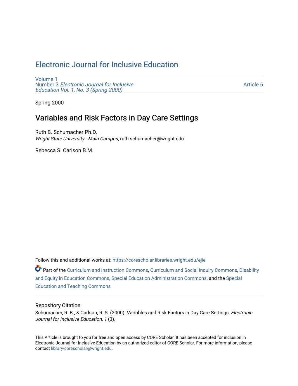 Variables and Risk Factors in Day Care Settings