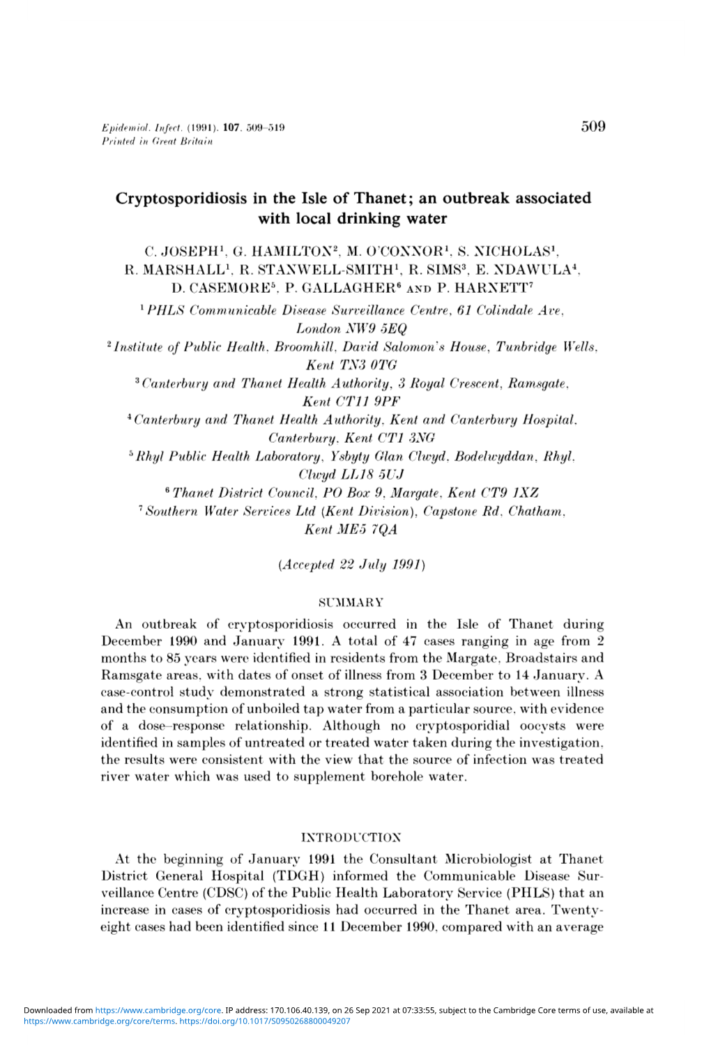 Cryptosporidiosis in the Isle of Thanet; an Outbreak Associated with Local Drinking Water