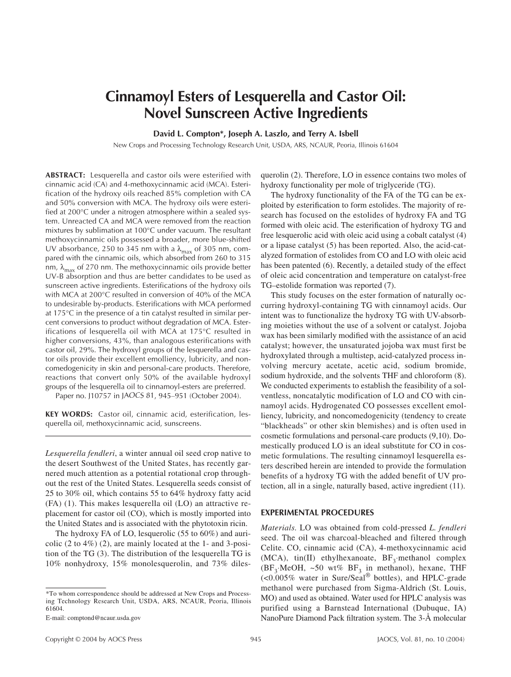 Cinnamoyl Esters of Lesquerella and Castor Oil: Novel Sunscreen Active Ingredients David L