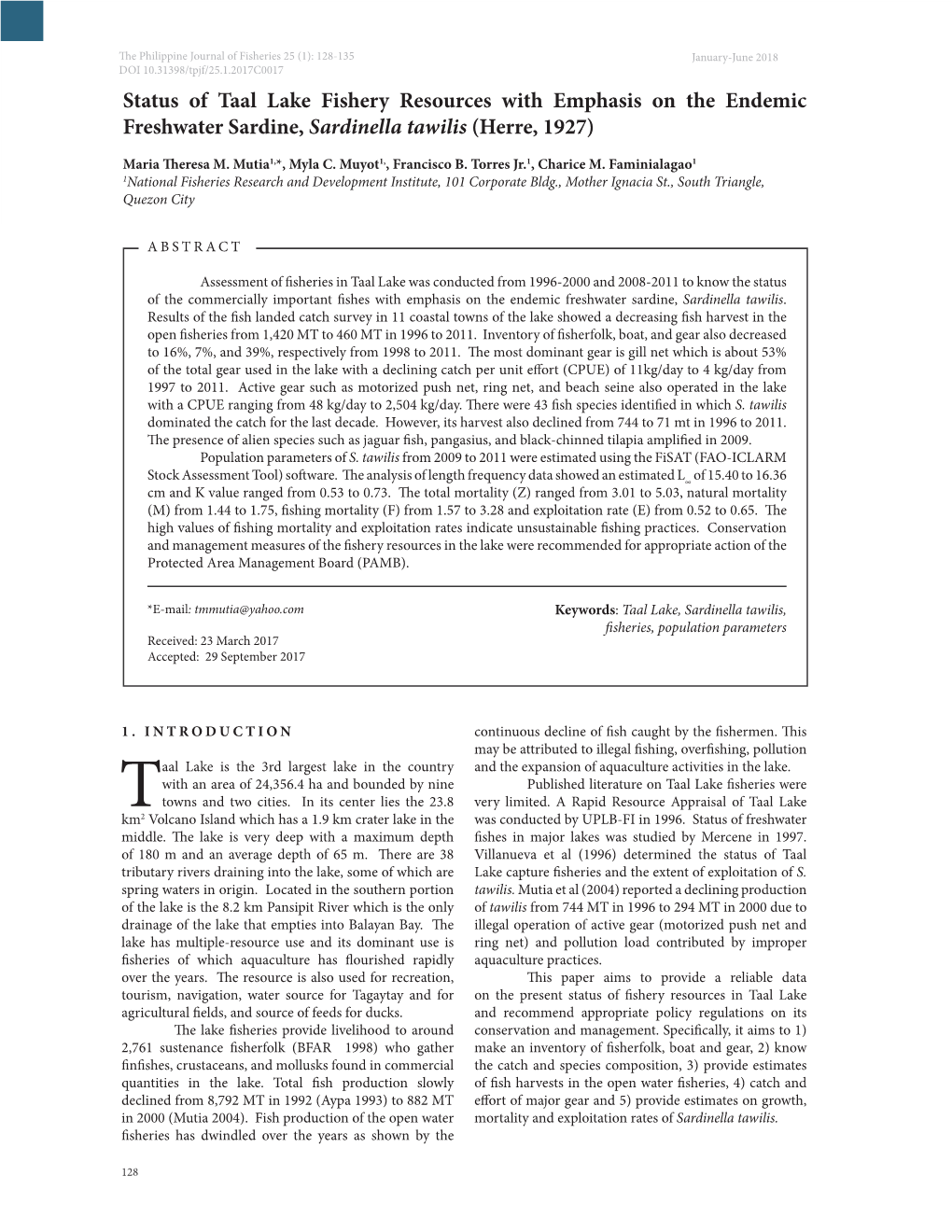 Status of Taal Lake Fishery Resources with Emphasis on the Endemic Freshwater Sardine, Sardinella Tawilis (Herre, 1927)