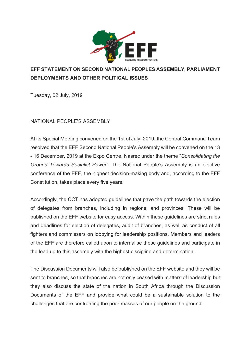 Eff Statement on Second National Peoples Assembly, Parliament Deployments and Other Political Issues