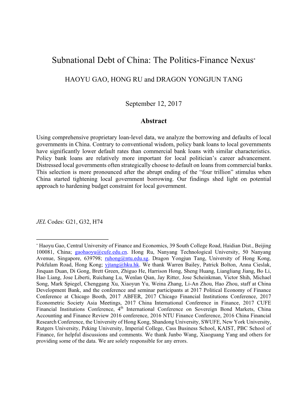 Subnational Debt of China: the Politics-Finance Nexus*