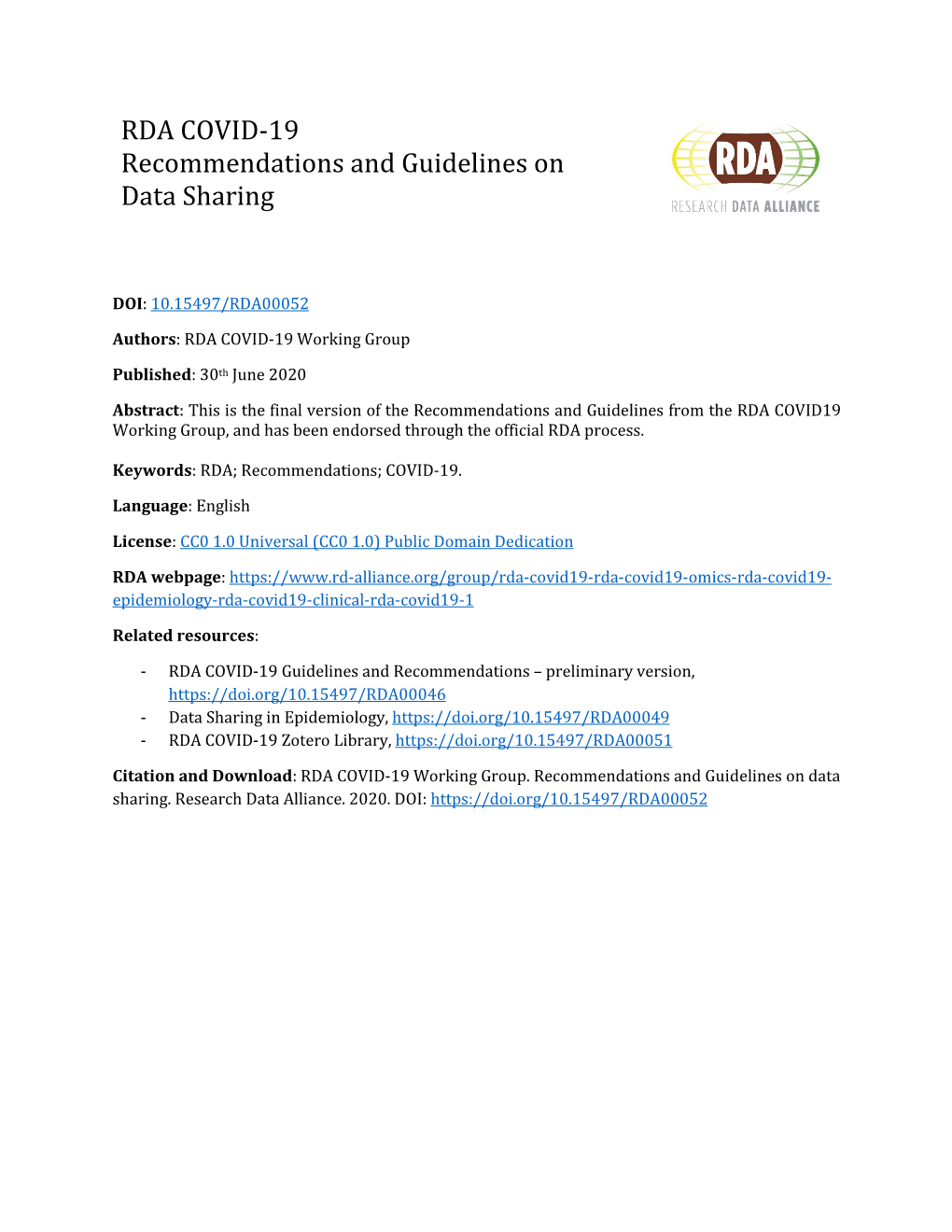 RDA COVID-19 Recommendations and Guidelines on Data Sharing
