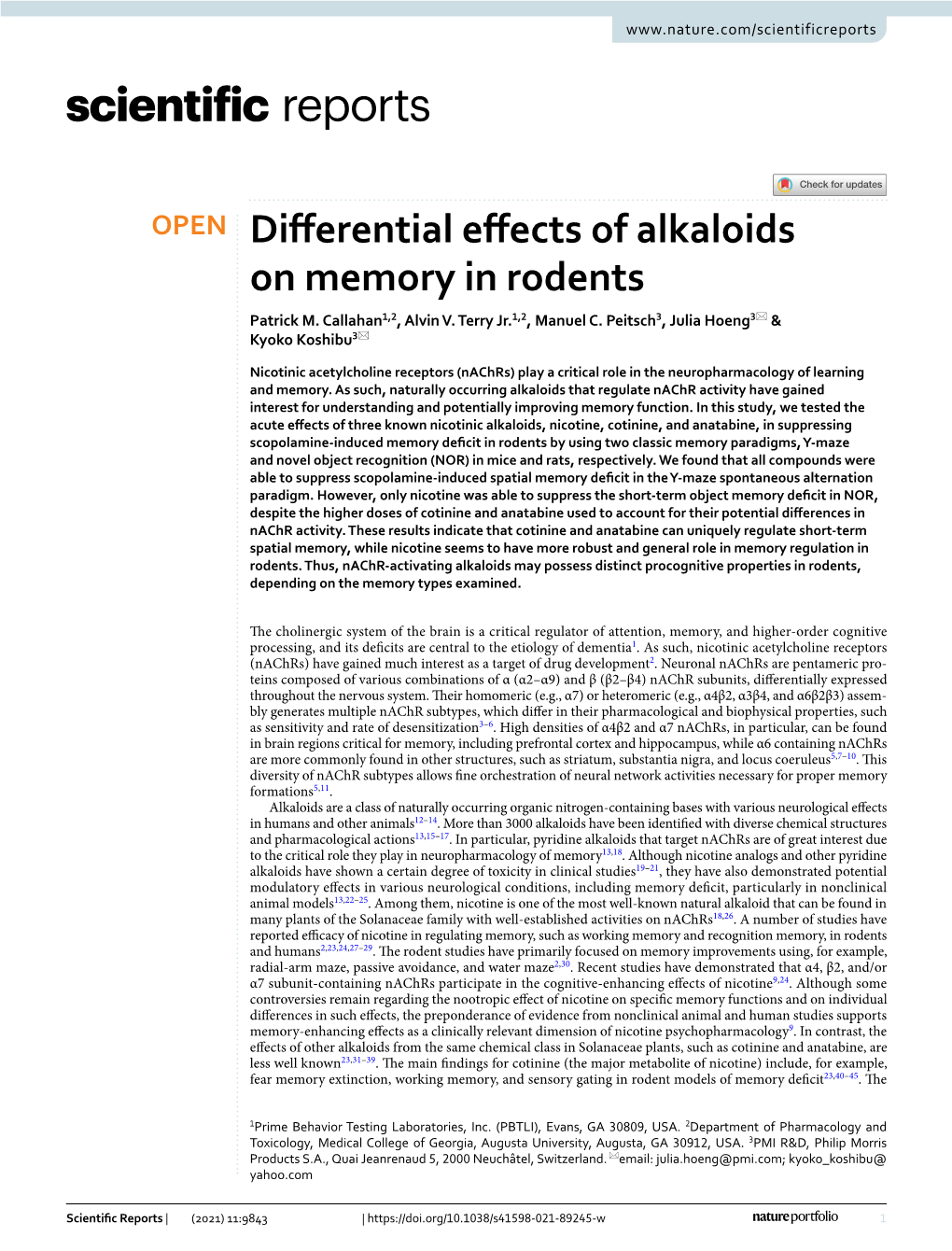 Differential Effects of Alkaloids on Memory in Rodents