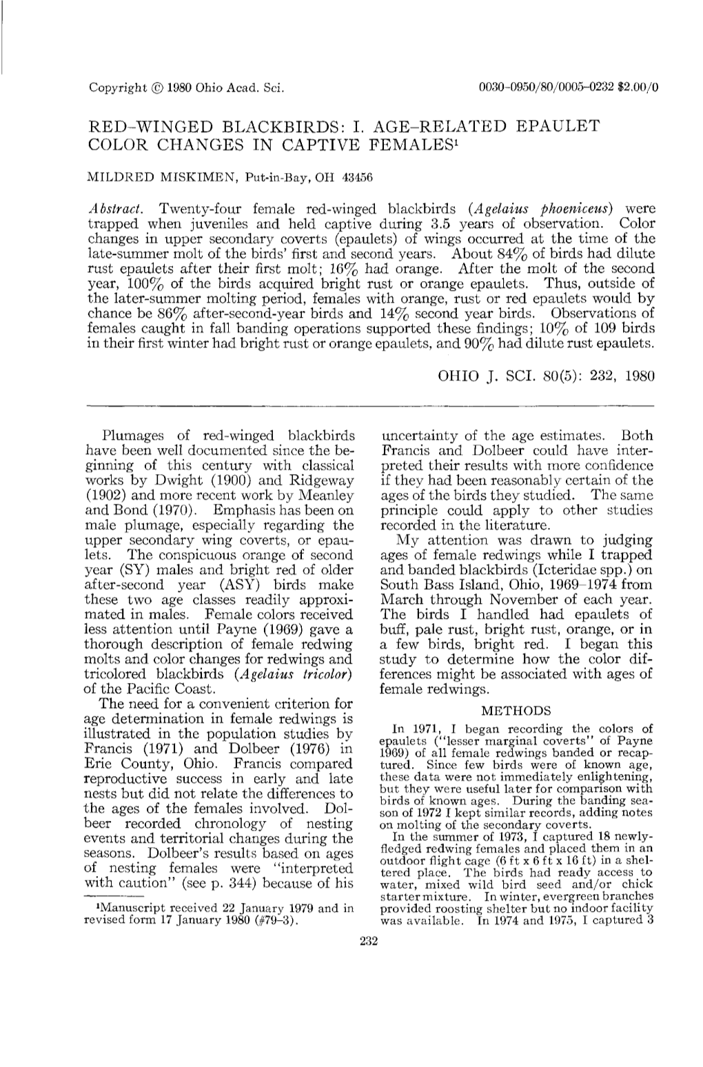 Red-Winged Blackbirds: I. Age-Related Epaulet Color Changes in Captive Females1