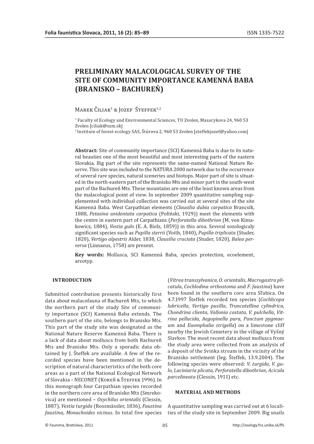 Preliminary Malacological Survey of the Site of Community Importance Kamenná Baba (Branisko – Bachureň)