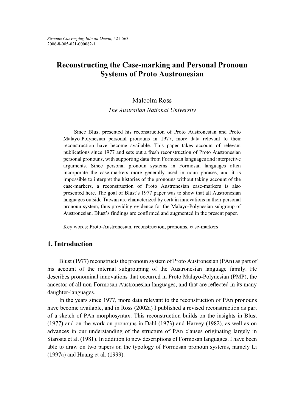 Reconstructing the Case-Marking and Personal Pronoun Systems of Proto Austronesian