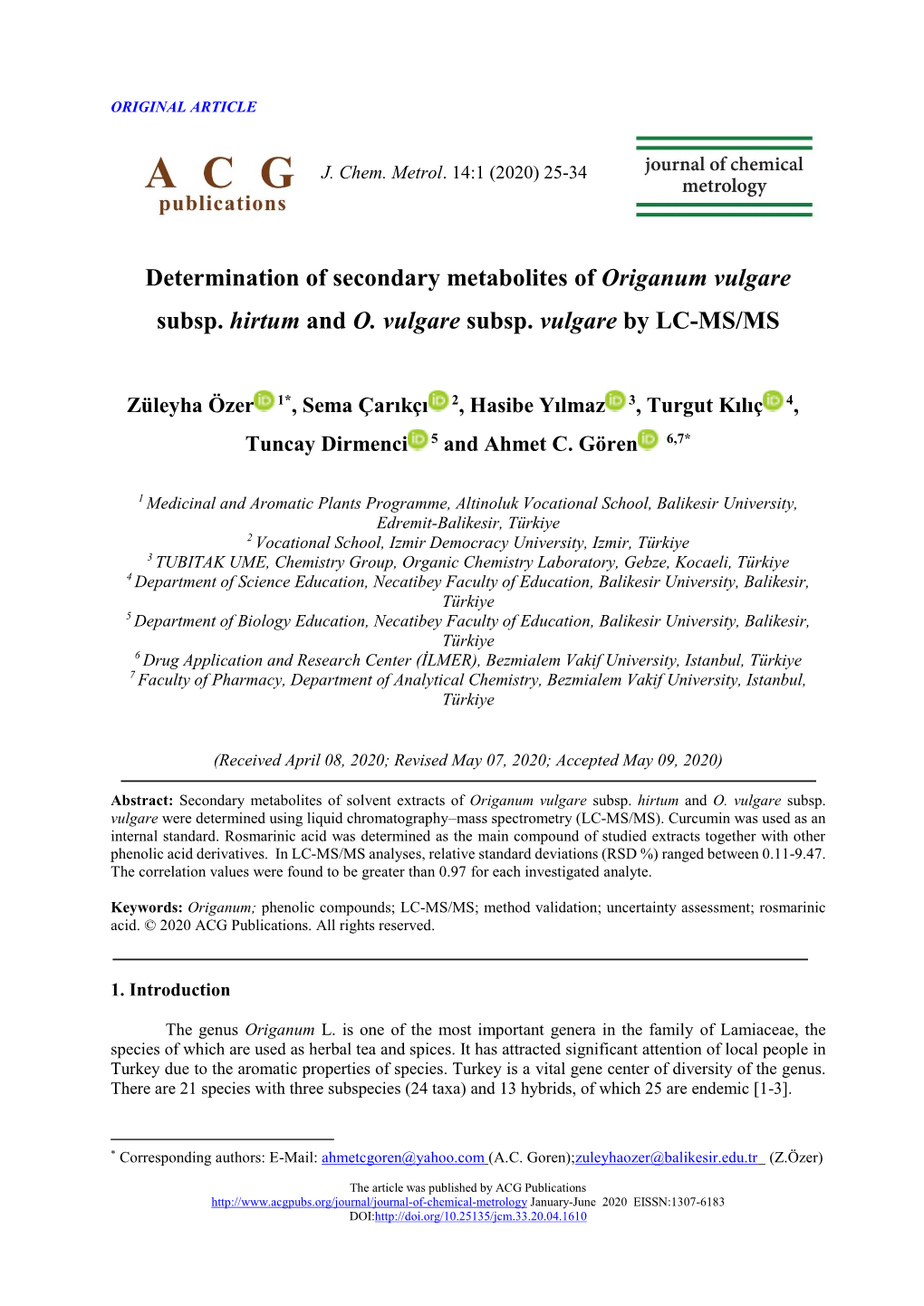 Determination of Secondary Metabolites of Origanum Vulgare Subsp