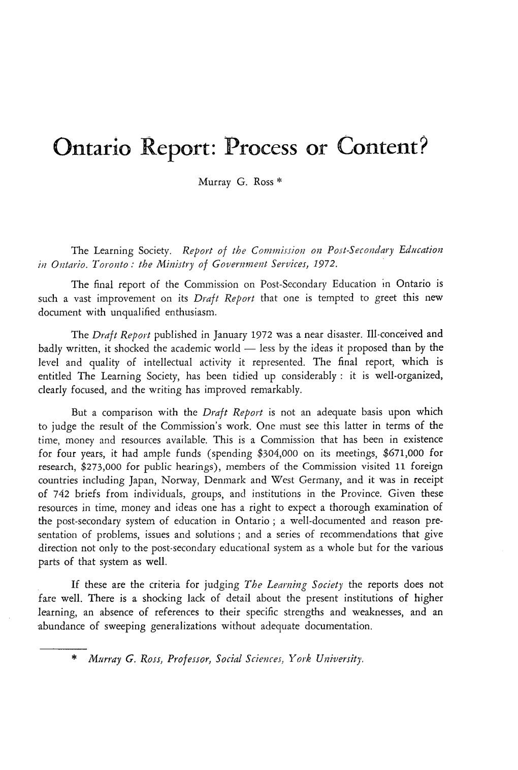 Ontario Report: Process Or Content?
