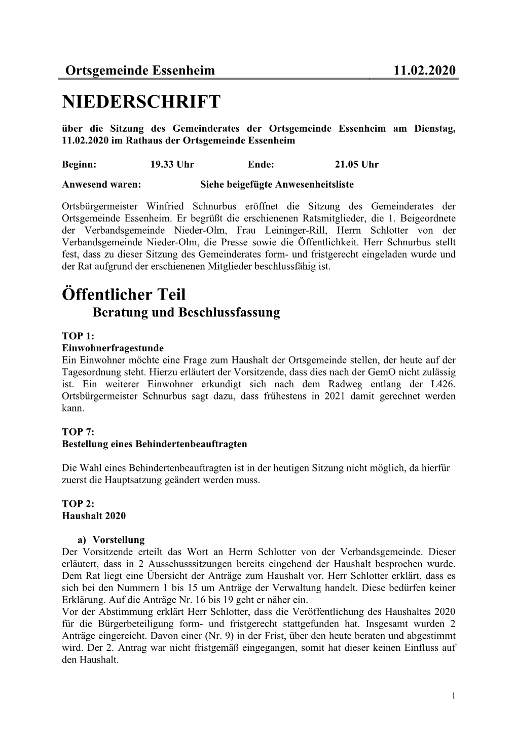 Ortsgemeinde Essenheim 11.02.2020