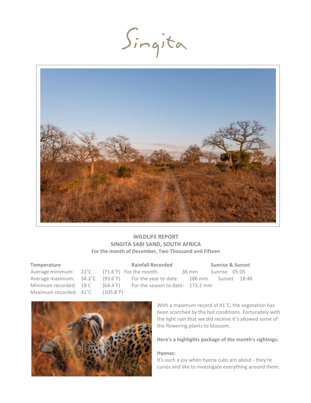SINGITA SABI SAND, SOUTH AFRICA for the Month of December, Two Thousand and Fifteen