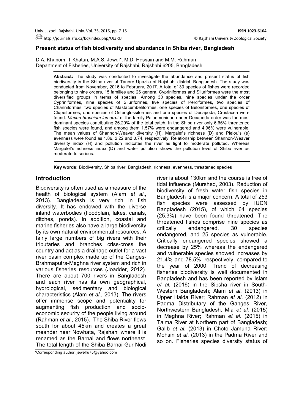 Present Status of Fish Biodiversity and Abundance in Shiba River, Bangladesh