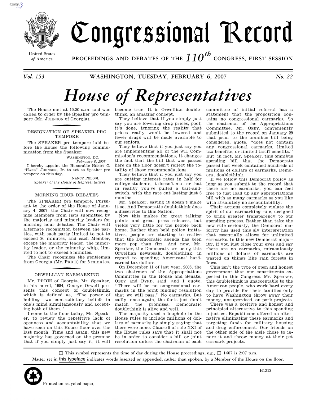 Congressional Record United States Th of America PROCEEDINGS and DEBATES of the 110 CONGRESS, FIRST SESSION