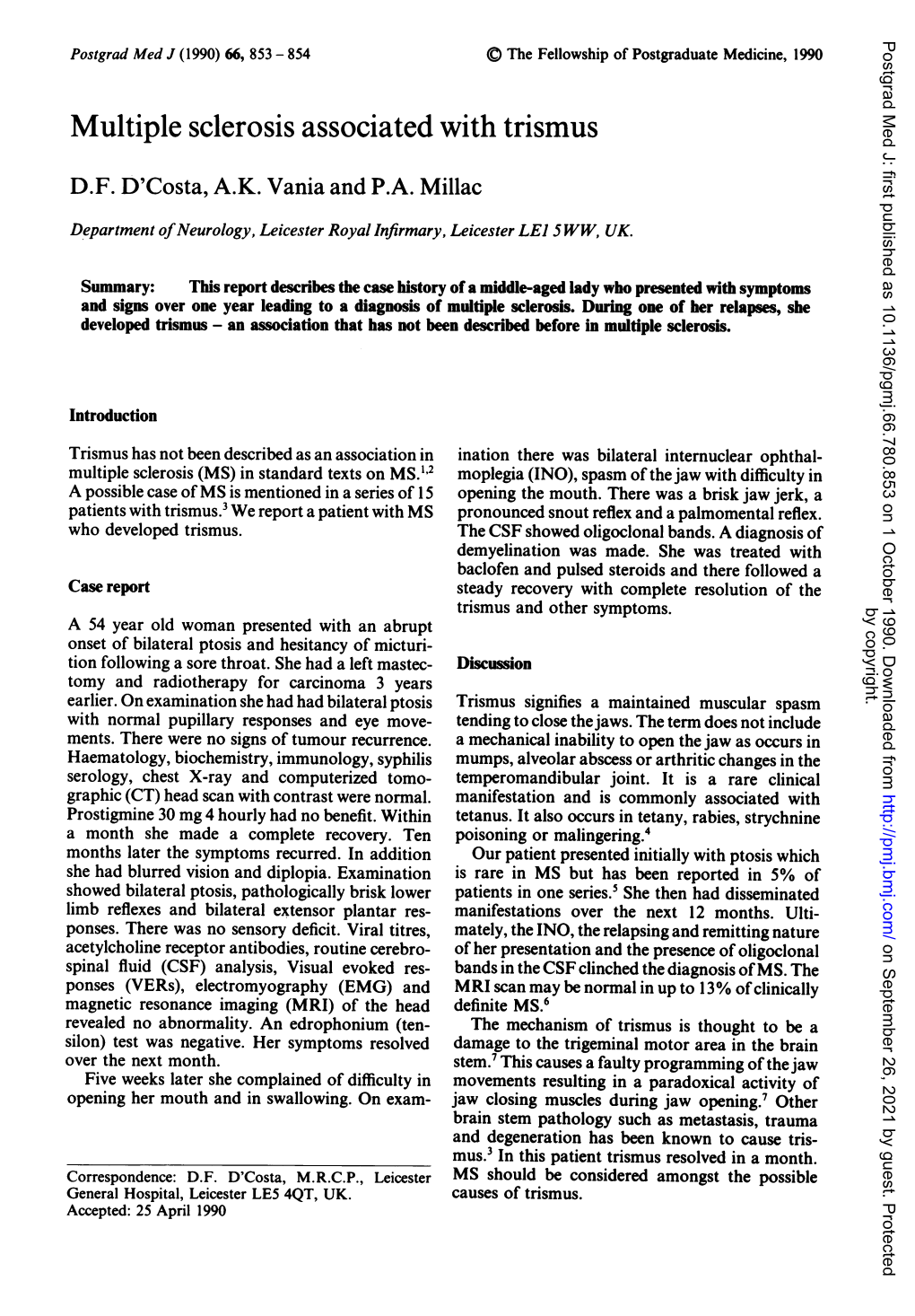 Multiplesclerosis Associated with Trismus