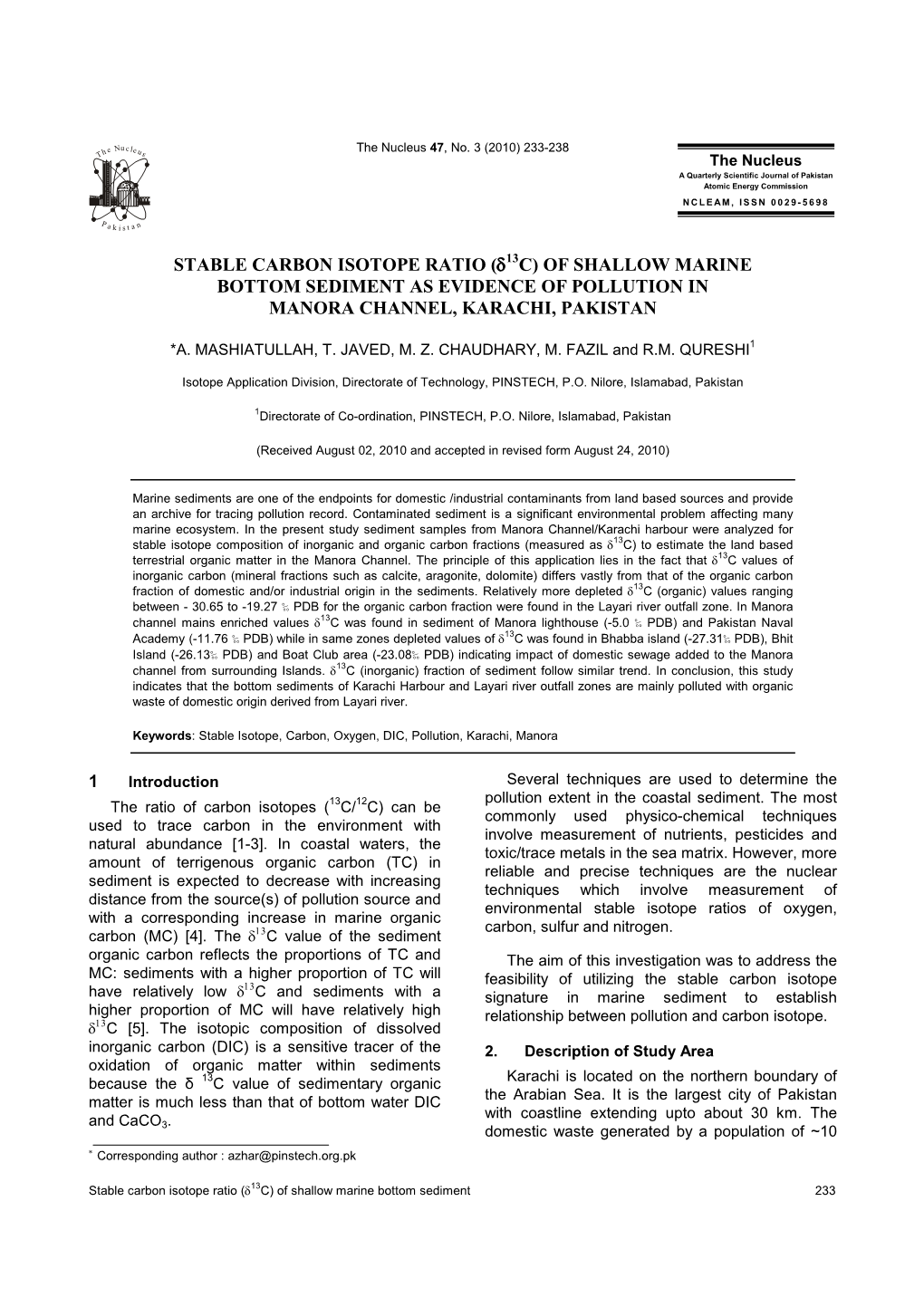 Stable Carbon Isotope Ratio (Δ13c) of Shallow Marine Bottom Sediment As Evidence of Pollution in Manora Channel, Karachi, Pakistan