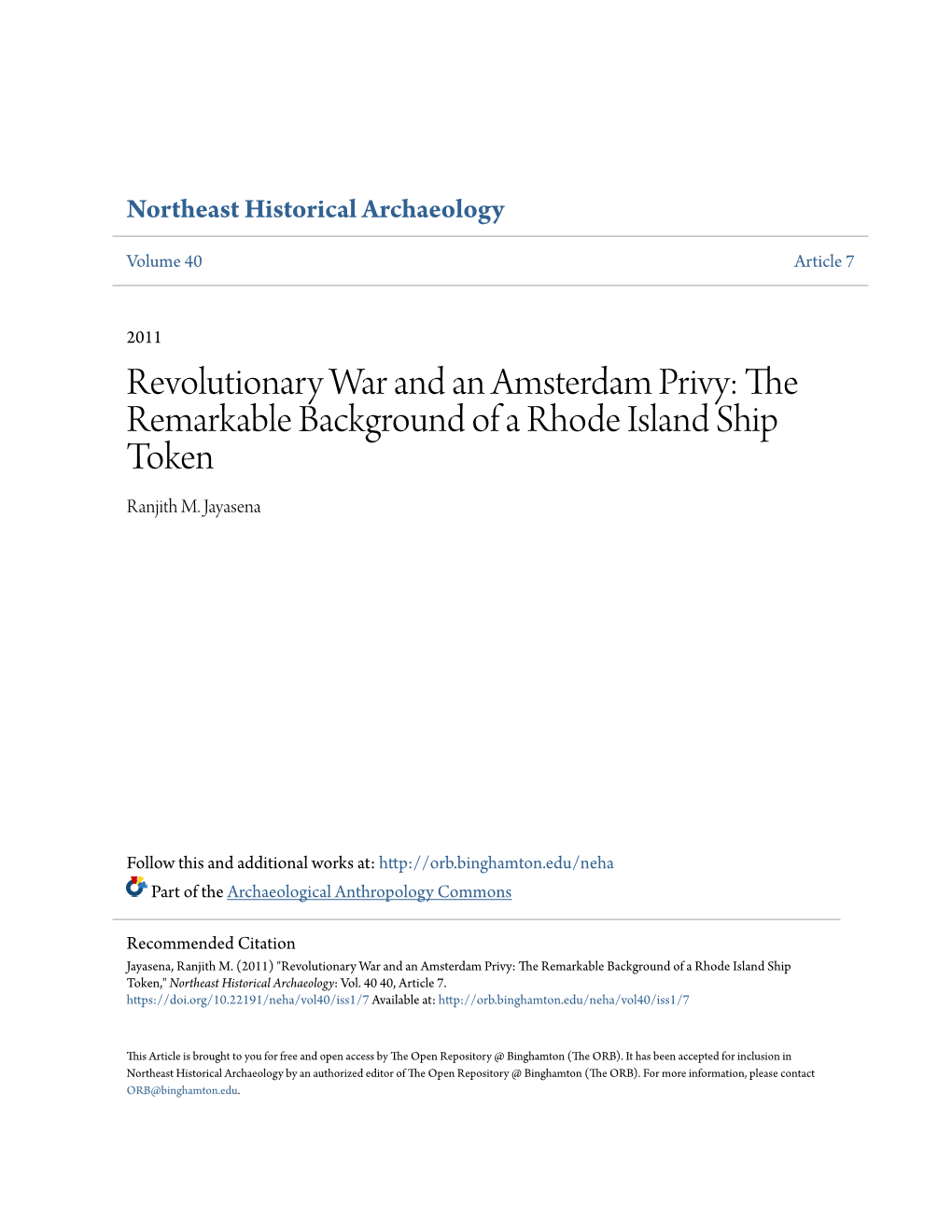 Revolutionary War and an Amsterdam Privy: the Remarkable Background of a Rhode Island Ship Token Ranjith M