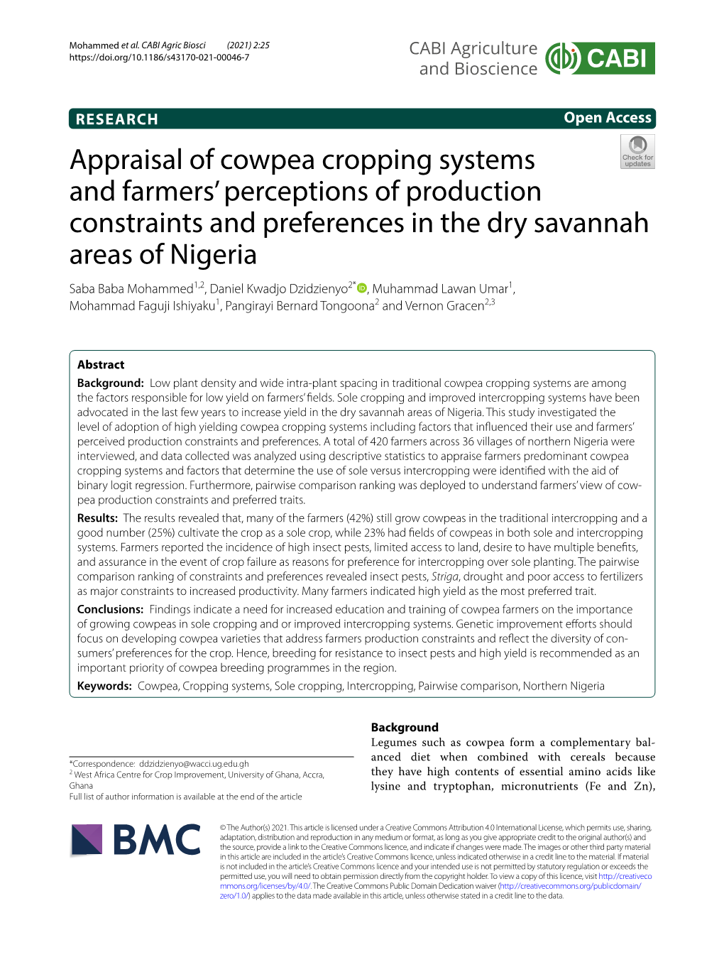 Appraisal of Cowpea Cropping Systems and Farmers' Perceptions Of