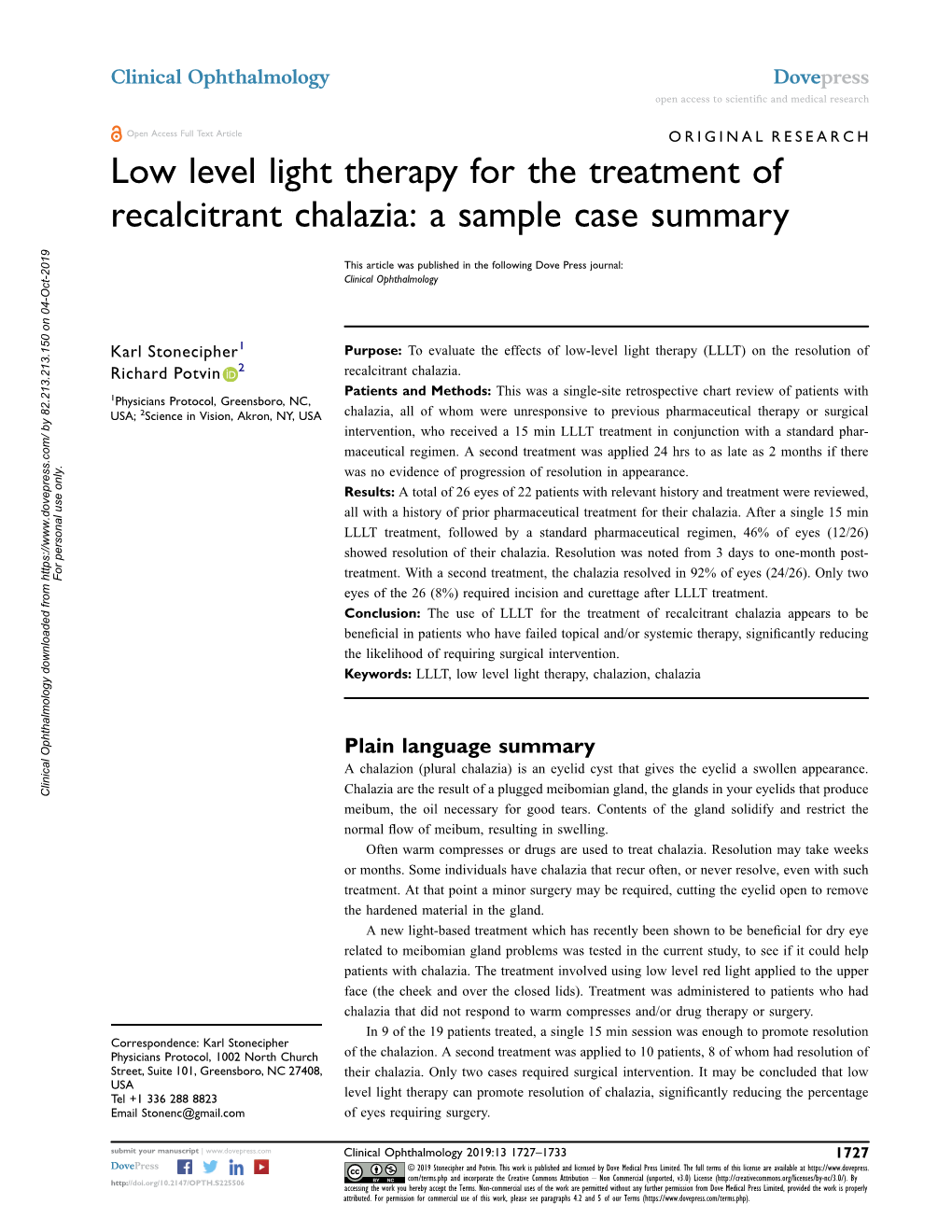 Low Level Light Therapy for the Treatment of Recalcitrant Chalazia: a Sample Case Summary