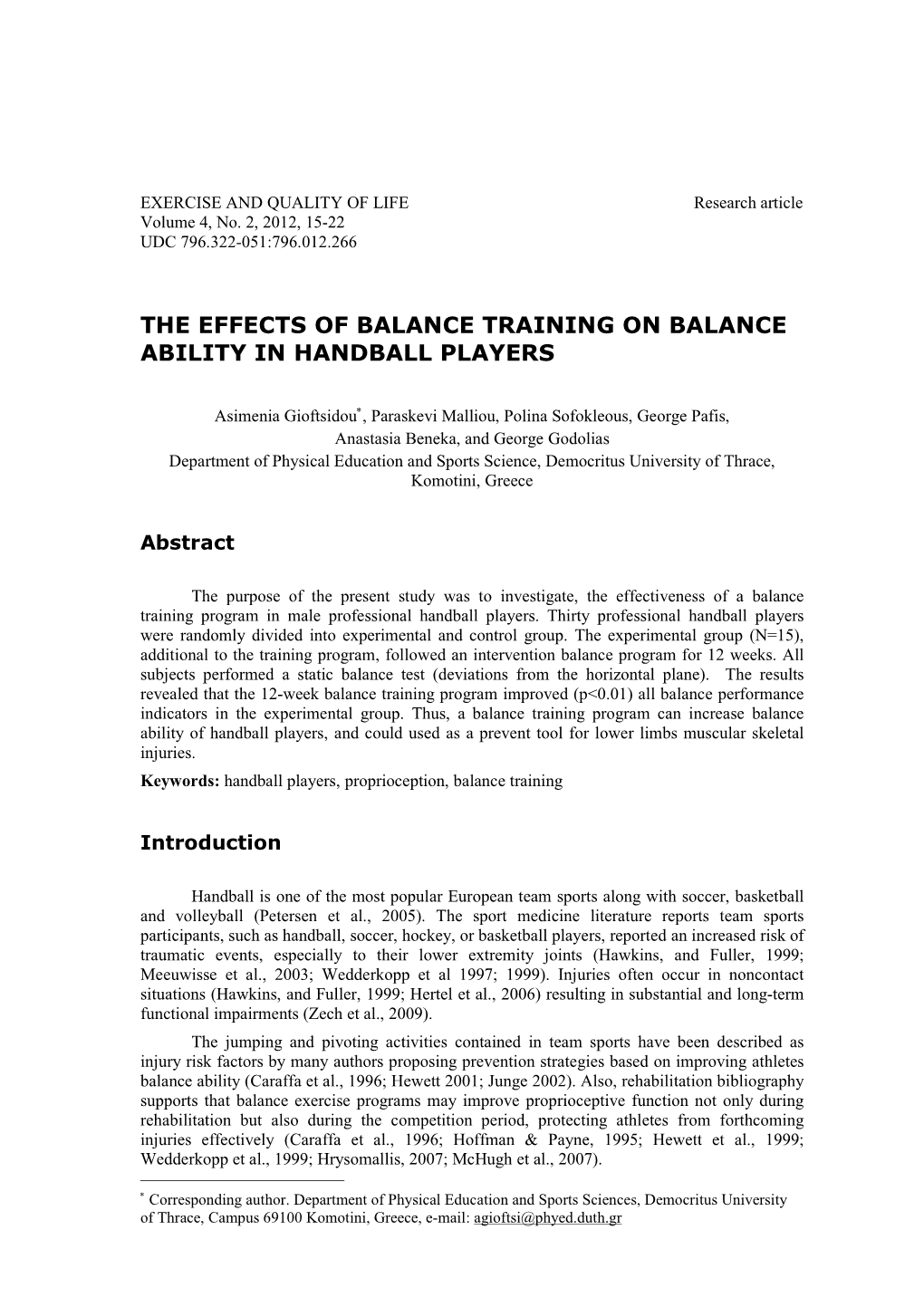 The Effects of Balance Training on Balance Ability in Handball Players