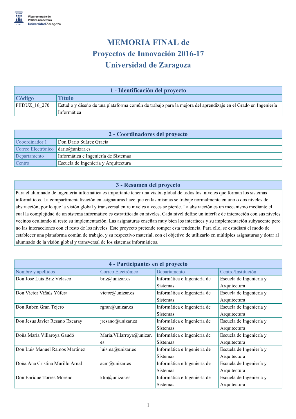 MEMORIA FINAL De Proyectos De Innovación 2016-17 Universidad De Zaragoza