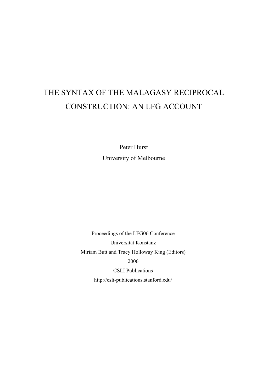 The Syntax of the Malagasy Reciprocal Construction: an Lfg Account