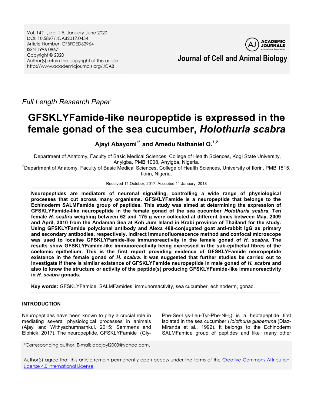 Gfsklyfamide-Like Neuropeptide Is Expressed in the Female Gonad of the Sea Cucumber, Holothuria Scabra