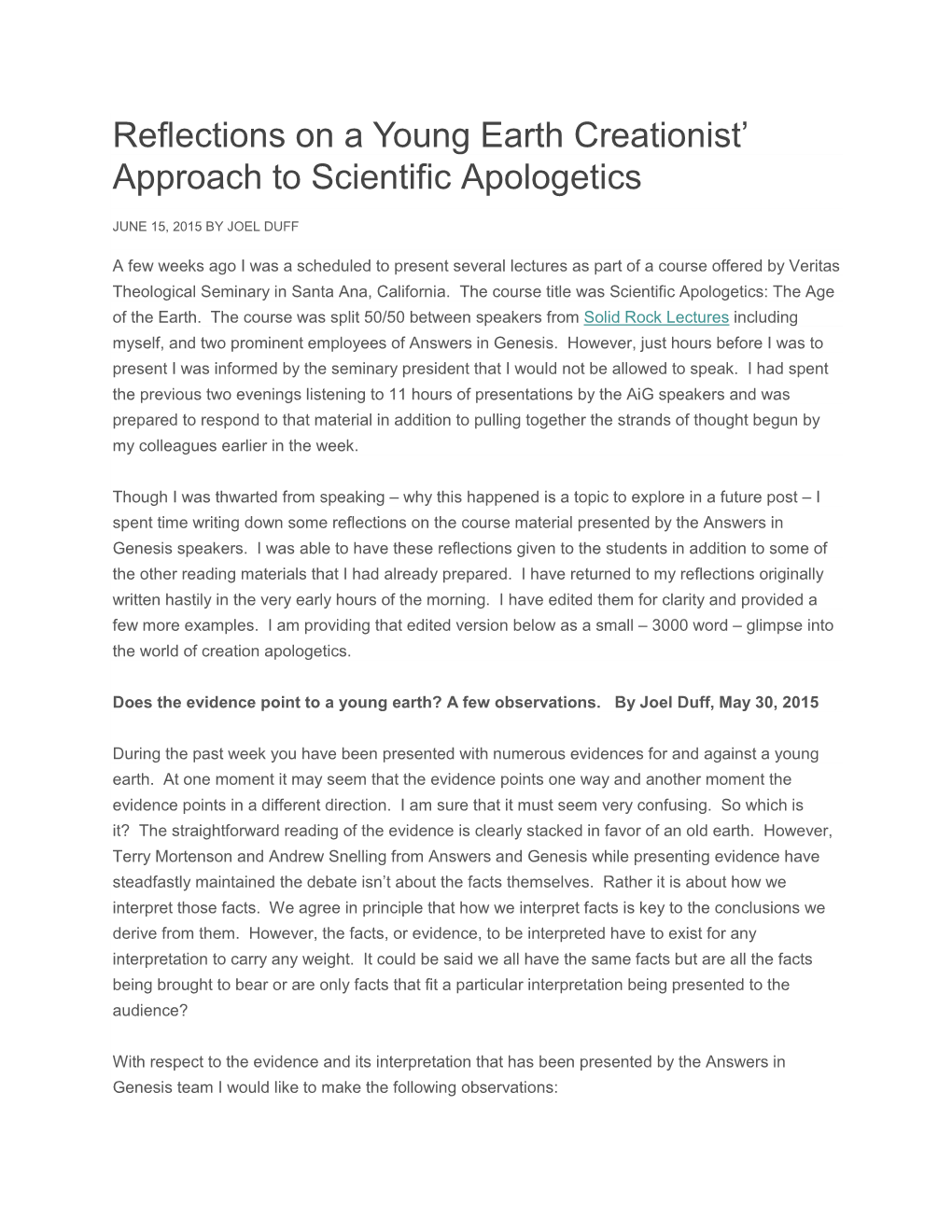 Reflections on a Young Earth Creationist' Approach to Scientific