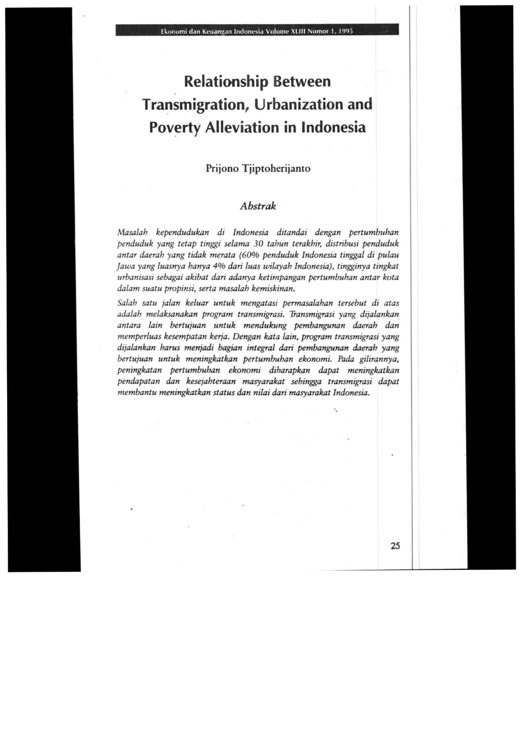 Relationship Between Transmigration, Urbanization and Poverty Alleviation in Indonesia
