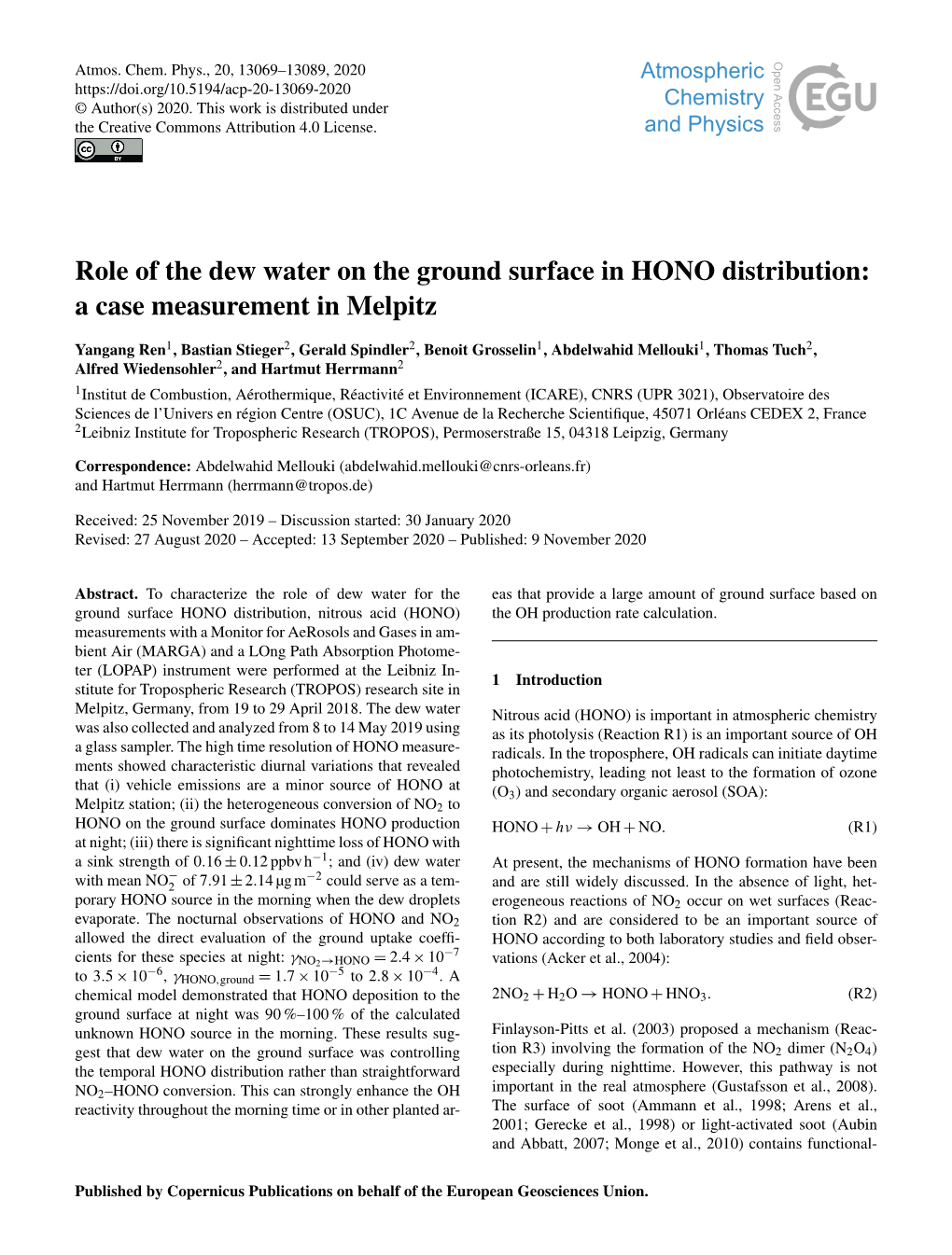 Role of the Dew Water on the Ground Surface in HONO Distribution: a Case Measurement in Melpitz