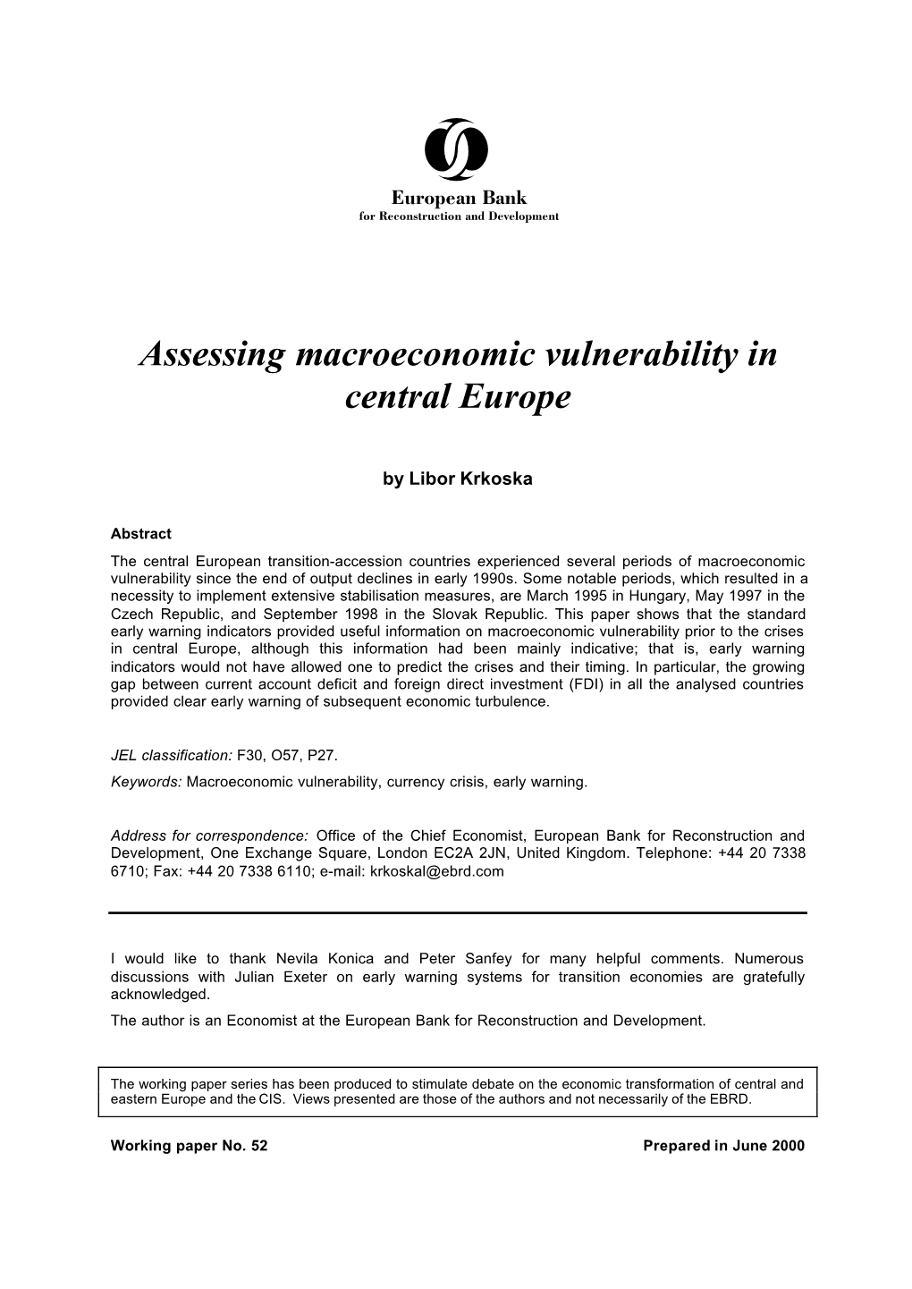 Assessing Macroeconomic Vulnerability in Central Europe