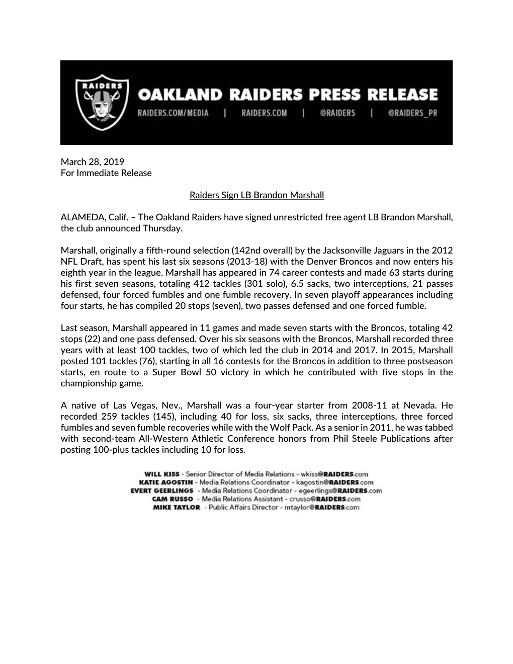 March 28, 2019 for Immediate Release Raiders Sign