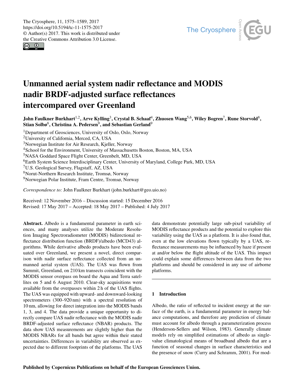 Unmanned Aerial System Nadir Reflectance and MODIS Nadir BRDF