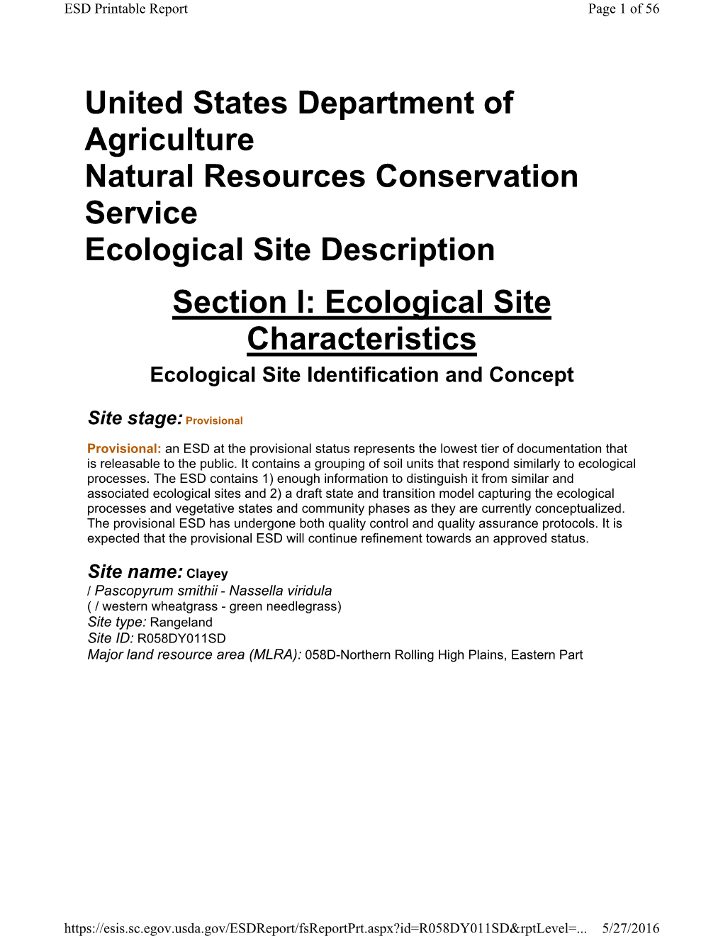 Ecological Site Description Section L: Ecological Site Characteristics Ecological Site Identification and Concept