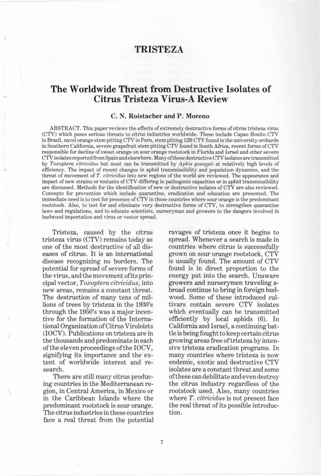 TRISTEZA the Worldwide Threat from Destructive Isolates of Citrus