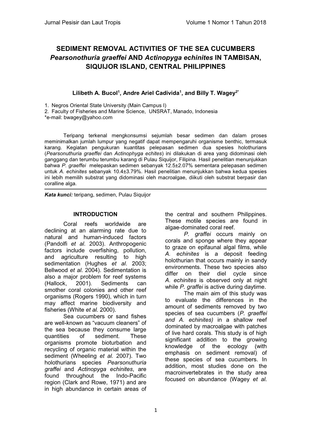 SEDIMENT REMOVAL ACTIVITIES of the SEA CUCUMBERS Pearsonothuria Graeffei and Actinopyga Echinites in TAMBISAN, SIQUIJOR ISLAND, CENTRAL PHILIPPINES