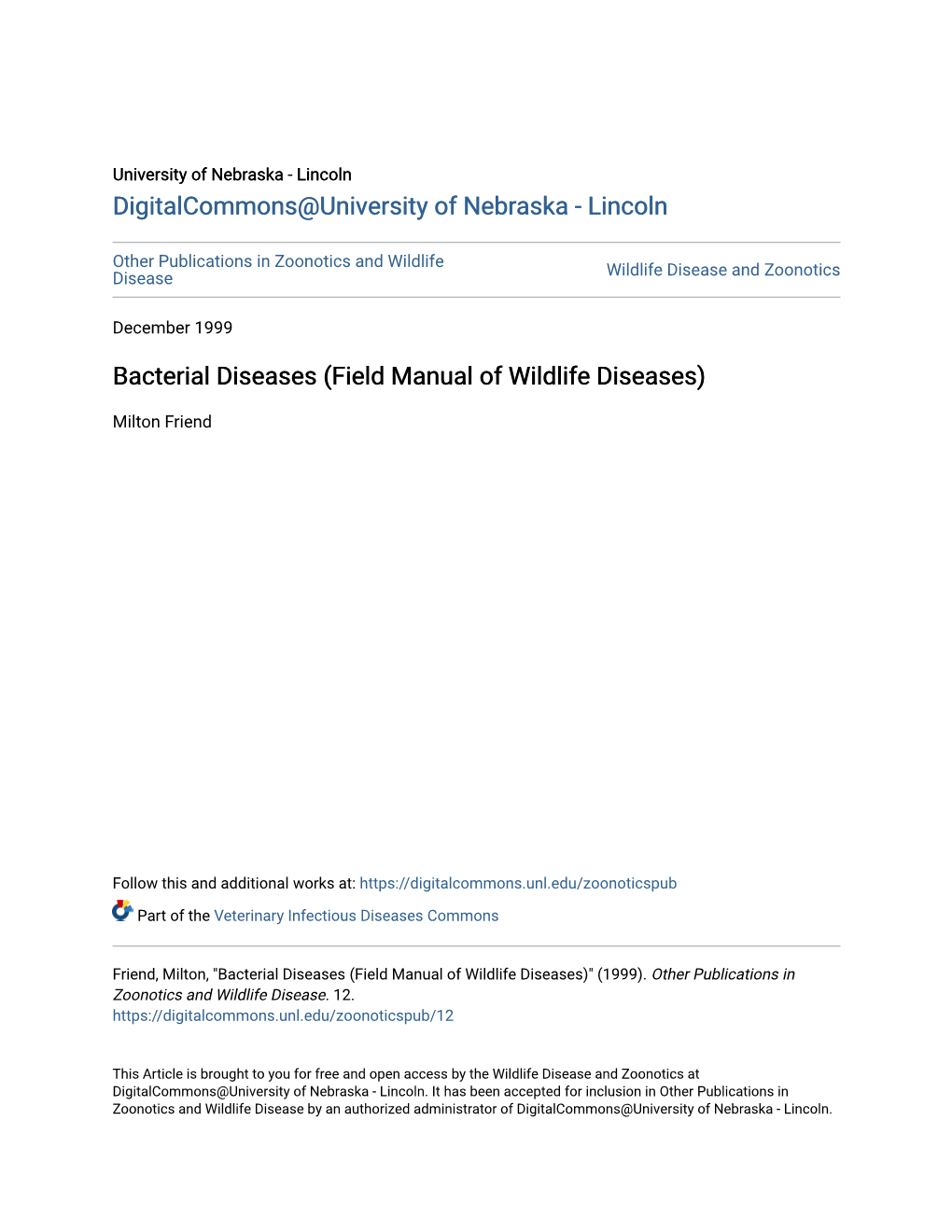 Bacterial Diseases (Field Manual of Wildlife Diseases)
